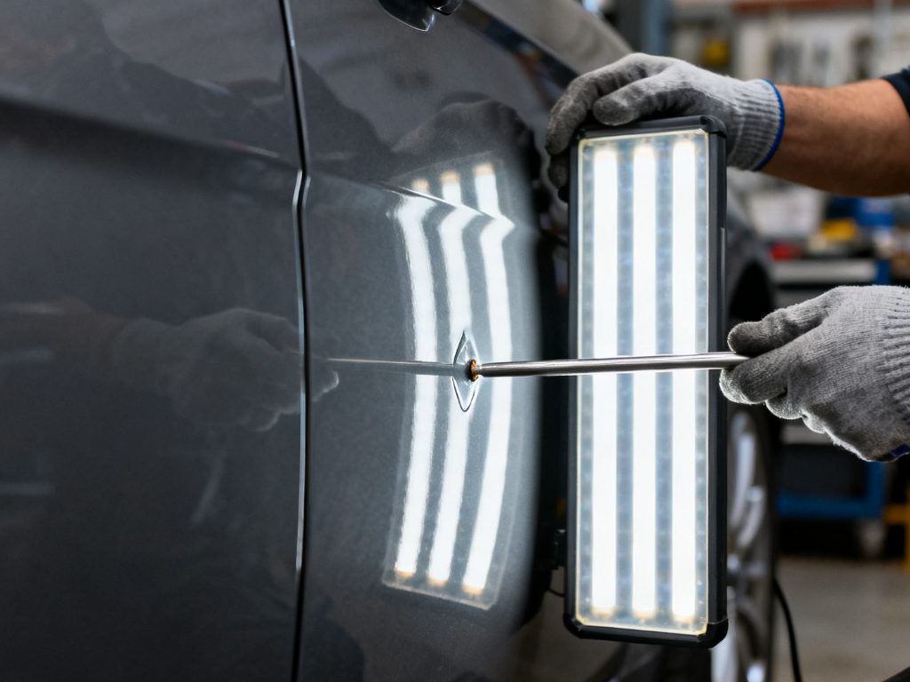 Débosselage sans peinture, sous lampe